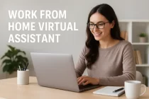 A woman in front of computer as a work from home virtual assistant.